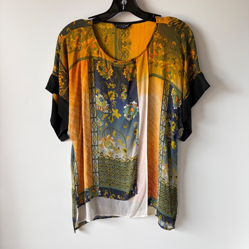Citron Blouse Women OS Mustard Yellow Asian Floral Print Dolman Art to Wear Top